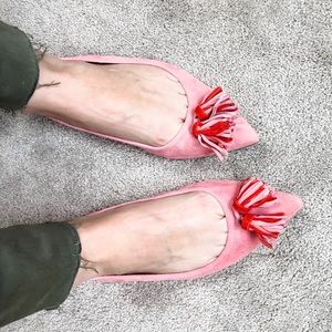 JCrew pink suede tassel flats, Sz 7